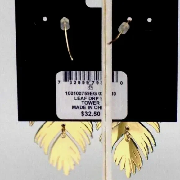 Alfani Gold-Tone Palm Leaf Drop Earrings Green White Articulated 2-3/8" Long - Picture 3 of 3